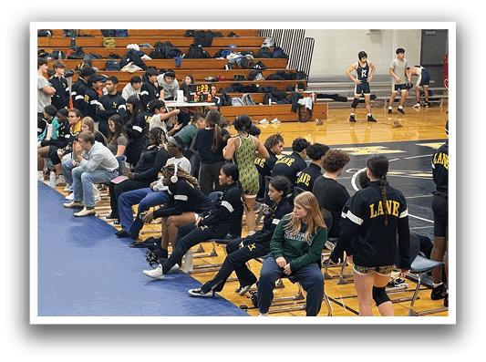 A group of people are sitting on chairs in a gym, watching a wrestling match. AI generated content