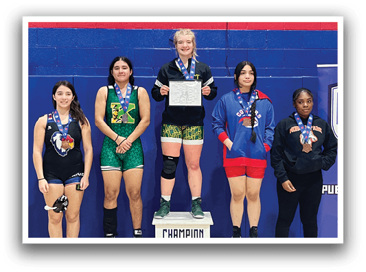A group of girls are standing on a stage, wearing medals. One girl is holding a trophy. AI generated content