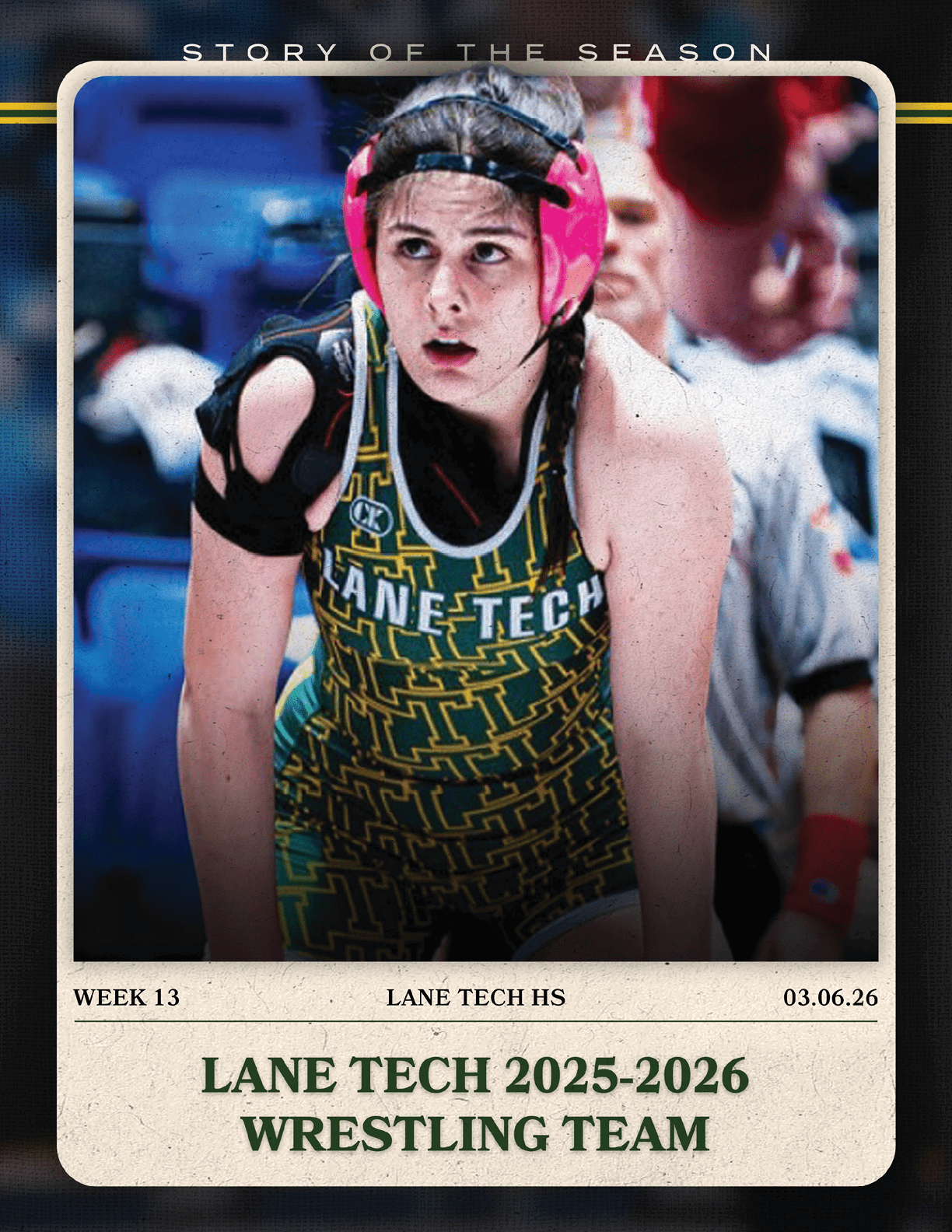 A female wrestler wearing a pink helmet and a green and yellow outfit. AI generated content