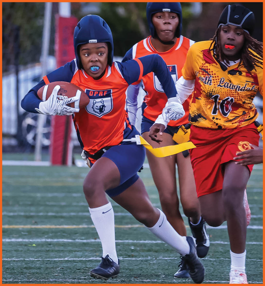 A football player running on the field. Description generated by AI