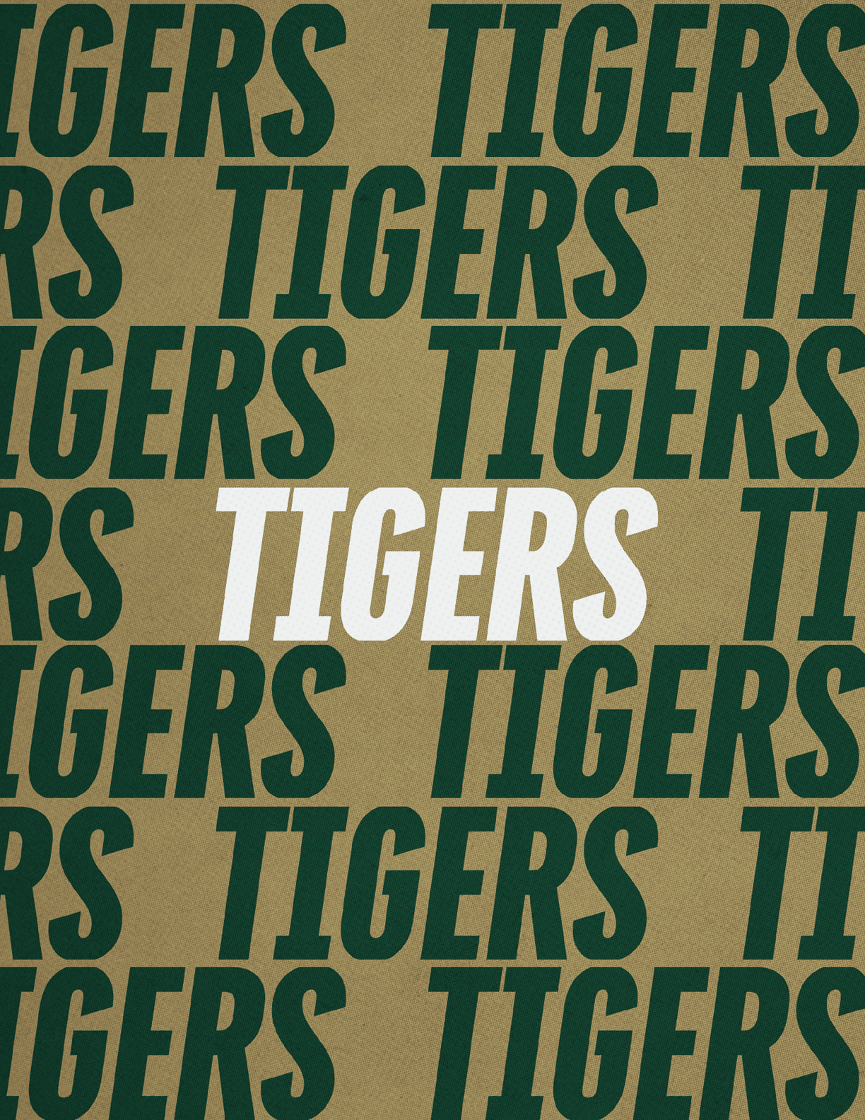 The word TIGERS is repeatedly printed in dark green on a textured brown background with one instance in white at the center. Description generated by AI