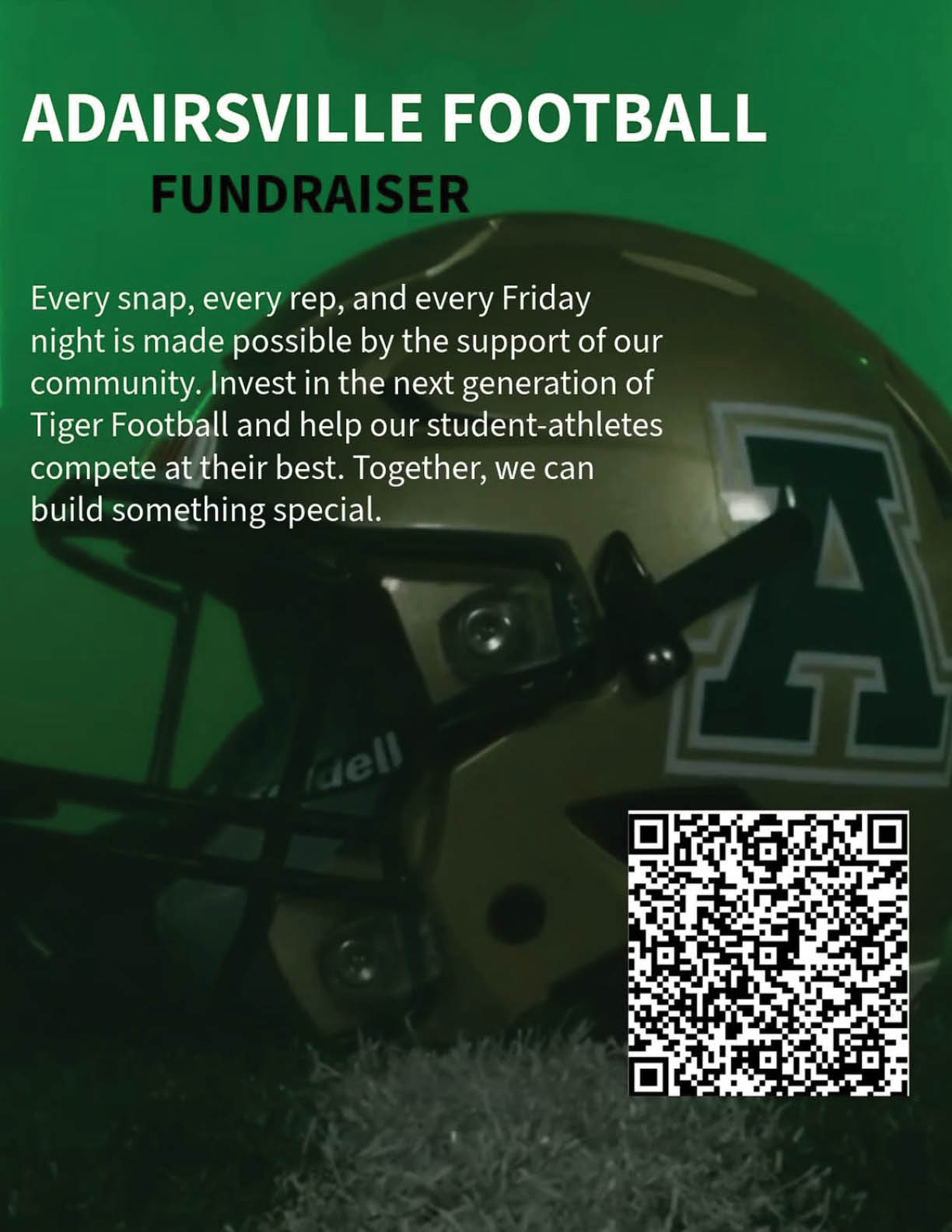 A football helmet with an “A" logo is shown alongside text promoting an Adairsville Football fundraiser encouraging community support for student-athletes, with a QR code included. Description generated by AI