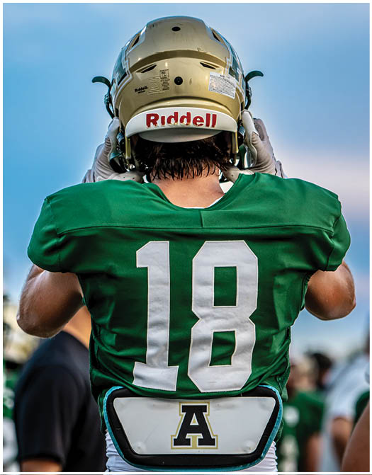 A person wearing a green sports jersey with the number 10 is adjusting a gold football helmet against a blue sky background. Description generated by AI