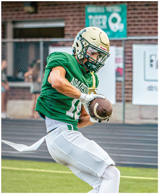 A person wearing a green football jersey and white pants is catching a football on a field near a running track. Description generated by AI