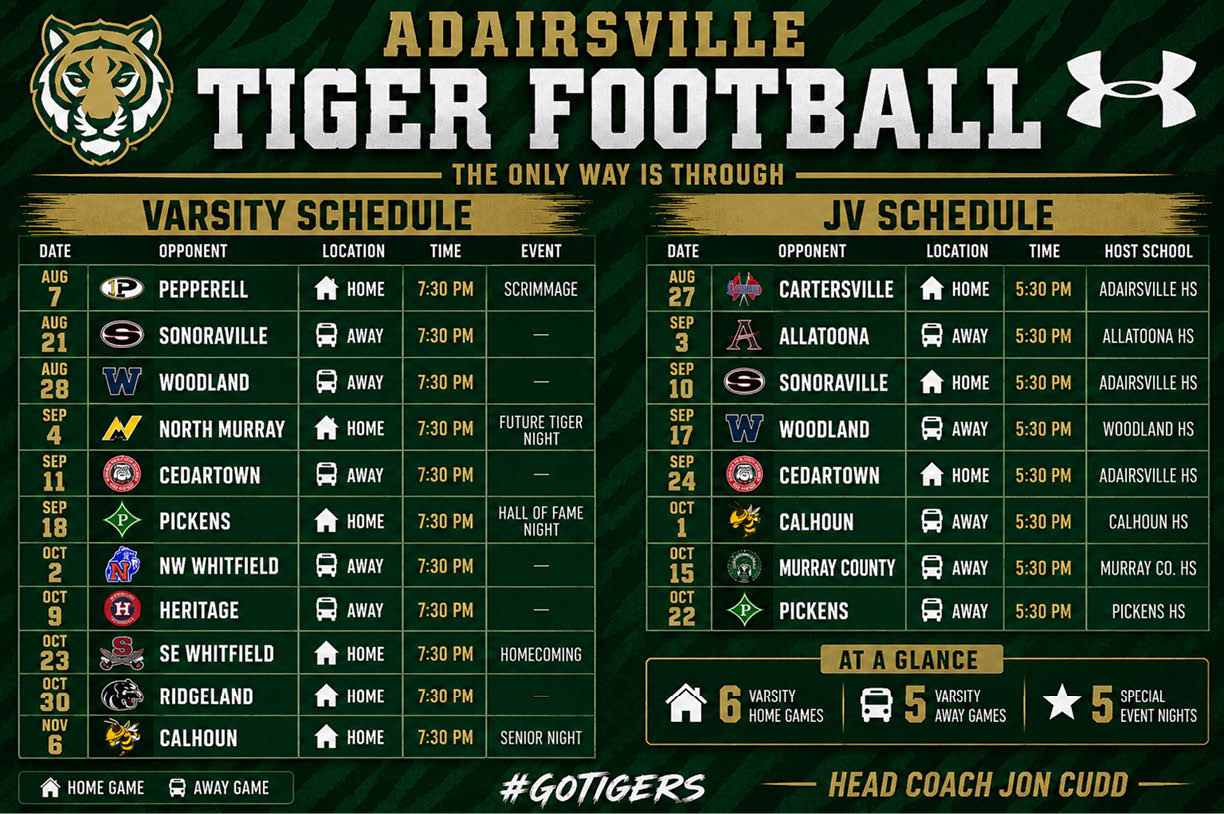 Adairsville Tiger Football schedule graphic showing varsity and junior varsity game dates, opponents, locations, times, and special event notes with a tiger logo and Under Armour branding. Description generated by AI