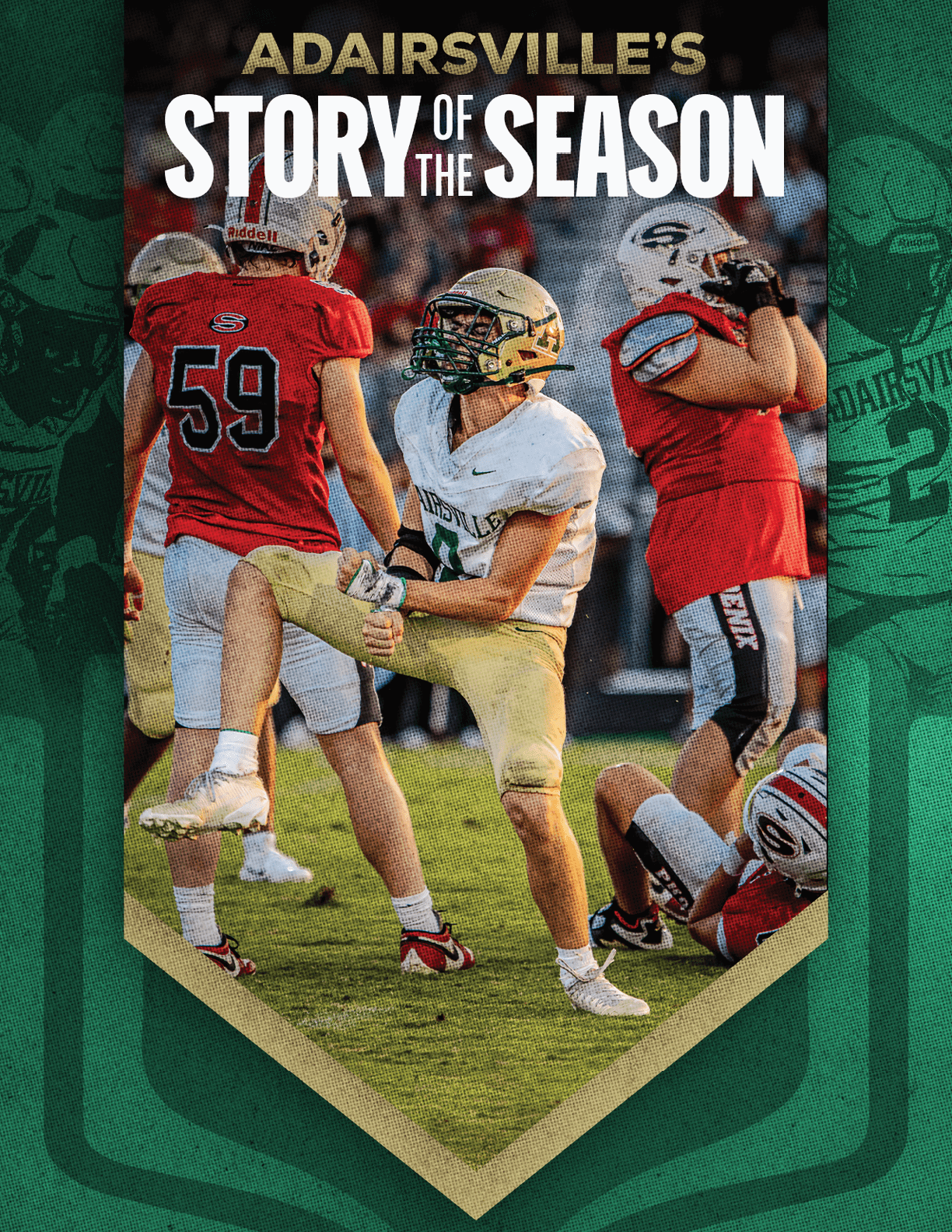 A group of people in football uniforms are on a field with one person in a white and gold uniform stretching their leg while others in red uniforms stand or sit nearby, with the text “Adairsville's Story of the Season" above them. Description generated by AI