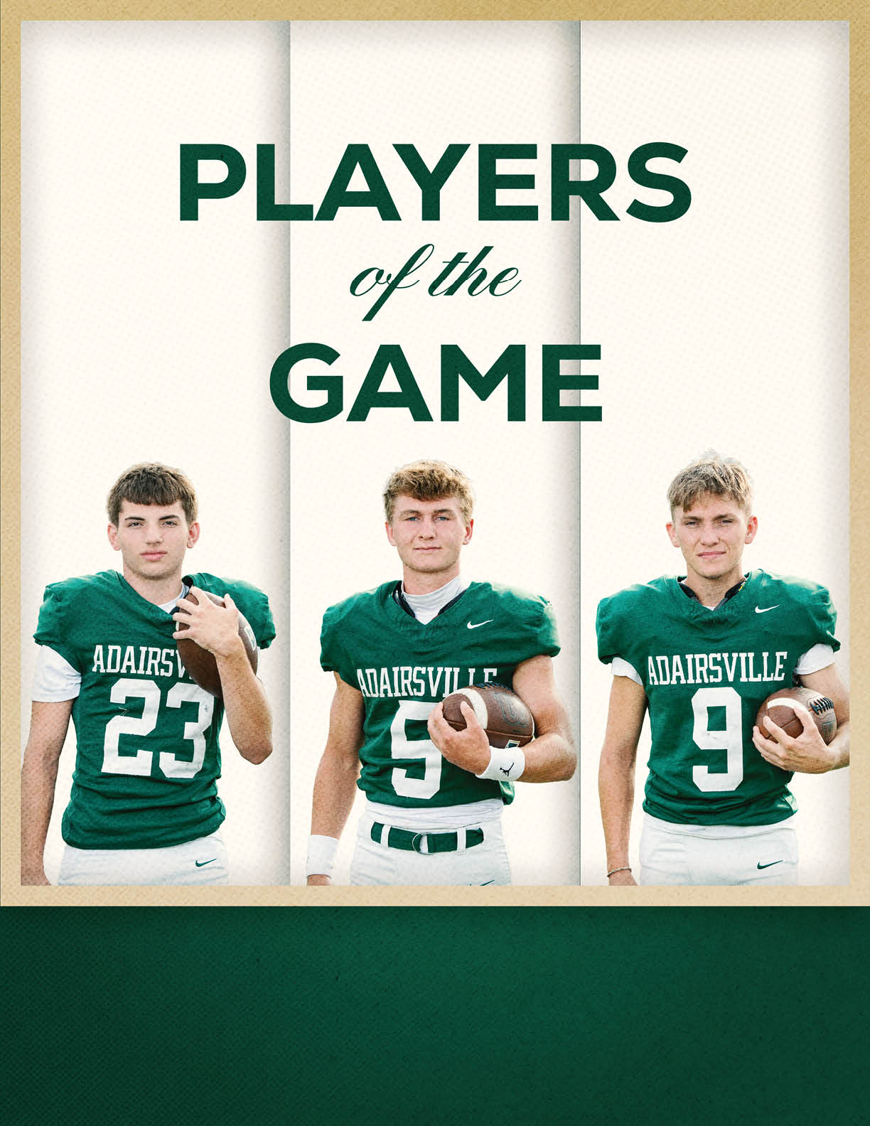 Three people wearing green football jerseys with the text “Adairsville" and holding footballs are featured under the heading "Players of the Game." Description generated by AI