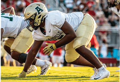 A person in football gear is crouched in a ready position on a grassy field during a game with blurred spectators in the background. Description generated by AI