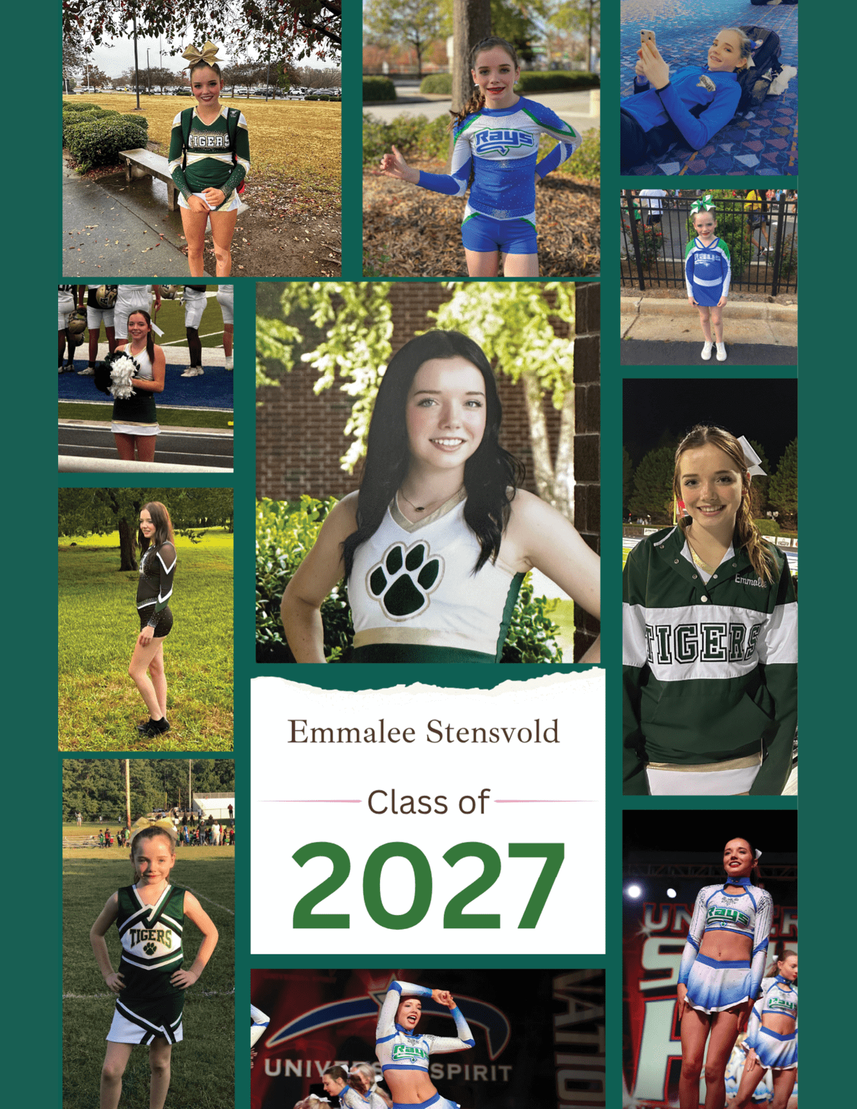 A collage of a person in various cheerleading uniforms and poses surrounding a central portrait with the text Emmalee Stensvold Class of 2027. Description generated by AI