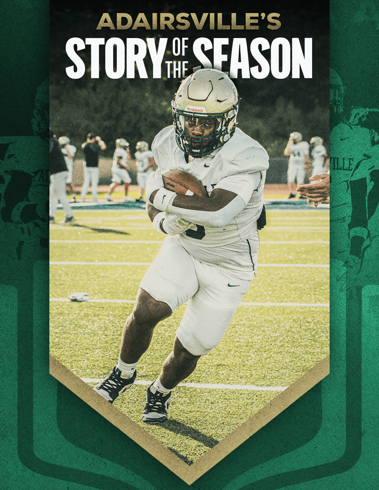 A group of people in football uniforms are on a field with one person in a white and gold uniform stretching their leg while others in red uniforms stand or sit nearby, with the text “Adairsville's Story of the Season" above them. Description generated by AI