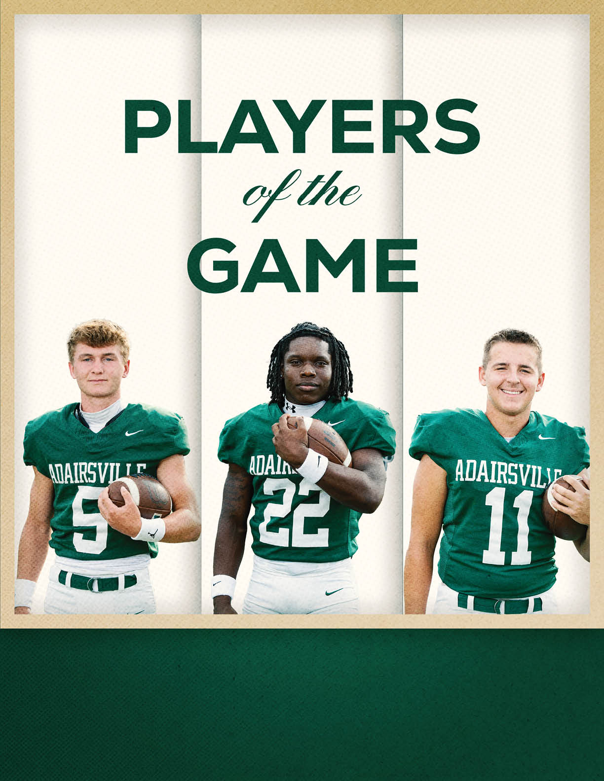Three people wearing green football jerseys with the text “Adairsville" and holding footballs are featured under the heading "Players of the Game." Description generated by AI