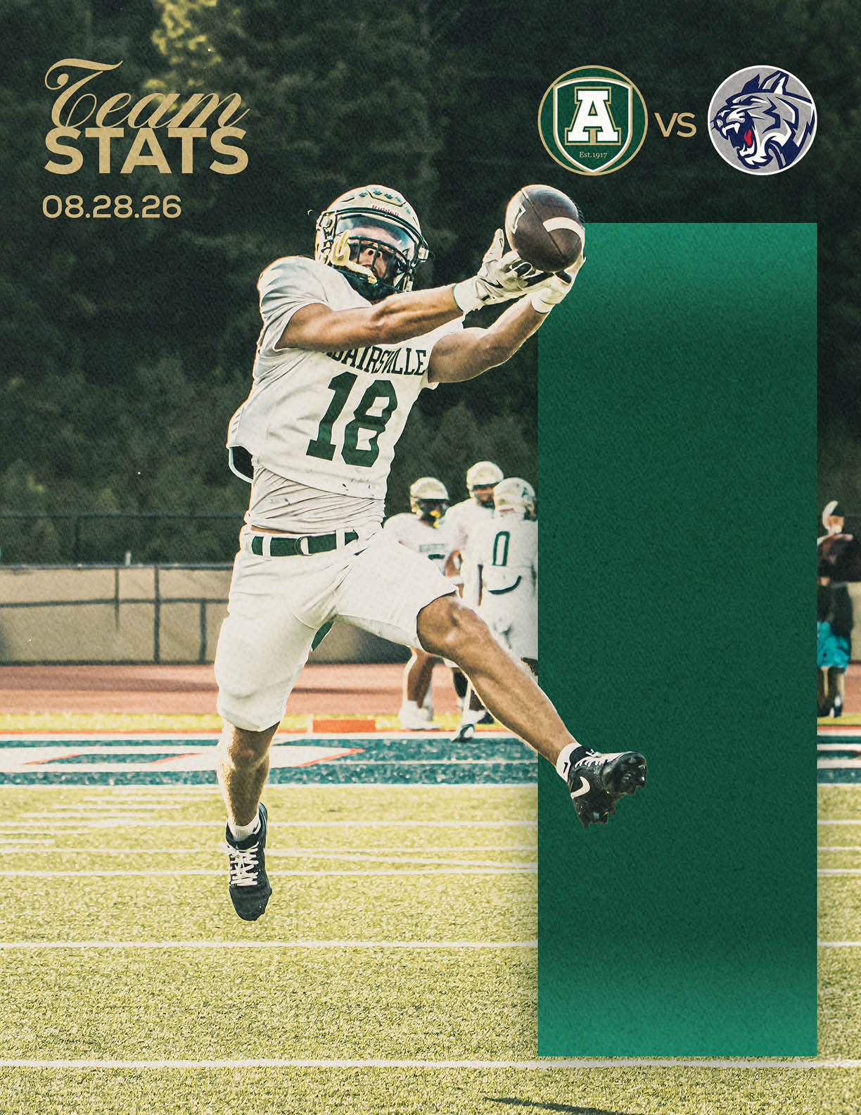A person in a football uniform with the number 18 is jumping and holding a football while other players in similar uniforms stand in the background on a field with a scoreboard graphic showing a matchup between two teams. Description generated by AI