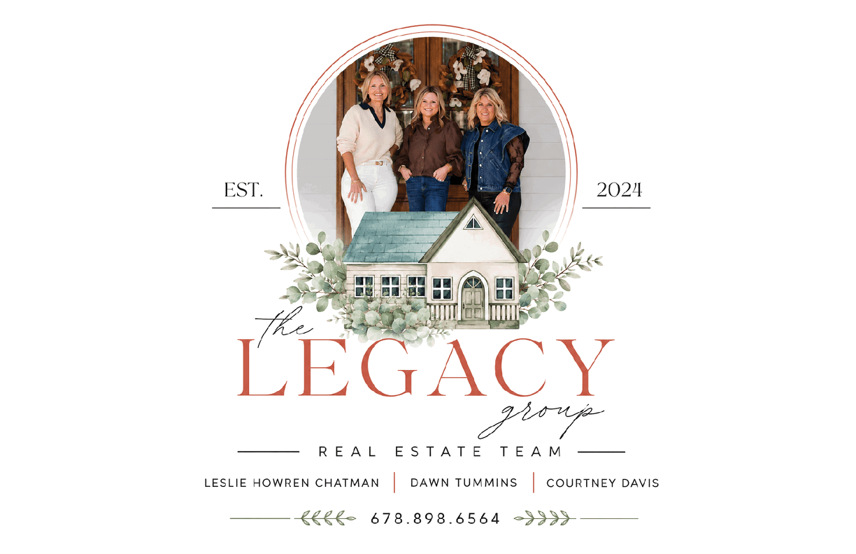 Three adults standing behind an illustrated house with greenery, framed by circular lines and text reading “EST. 2024 the LEGACY group." Description generated by AI