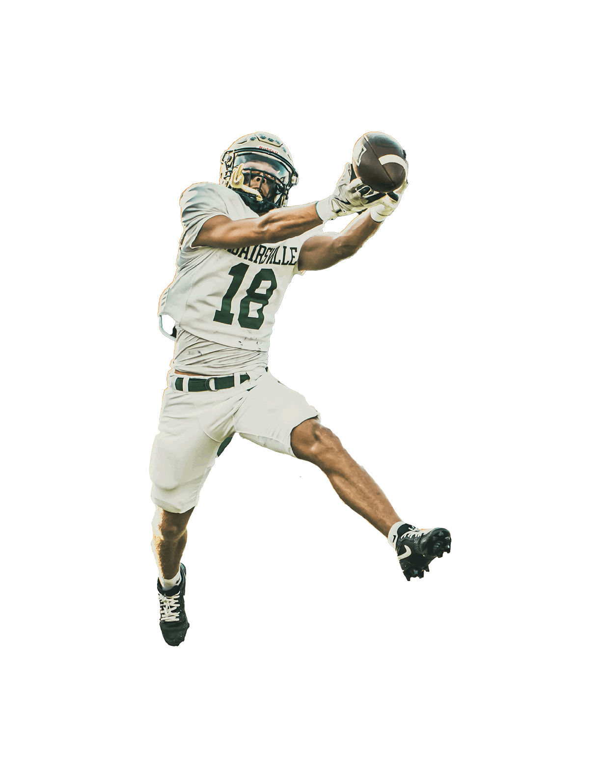 A person in a football uniform with the number 18 is jumping and holding a football while other players in similar uniforms stand in the background on a field with a scoreboard graphic showing a matchup between two teams. Description generated by AI