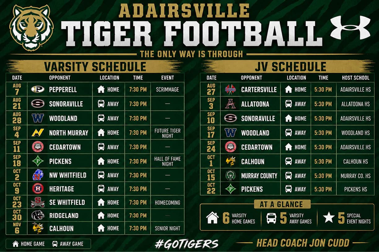 Adairsville Tiger Football schedule graphic showing varsity and junior varsity game dates, opponents, locations, times, and special event notes with a tiger logo and Under Armour branding. Description generated by AI