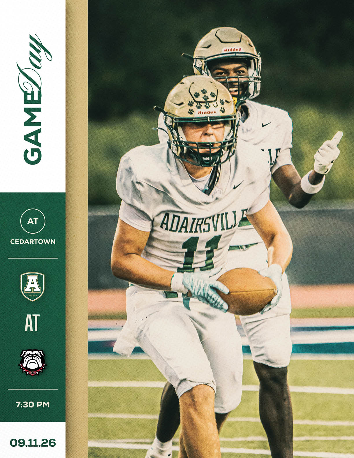 Two people in football uniforms are on a field with one holding a football and the other standing behind making a hand gesture, with a graphic on the left side indicating a game day event between Adairsville and Cedartown. Description generated by AI