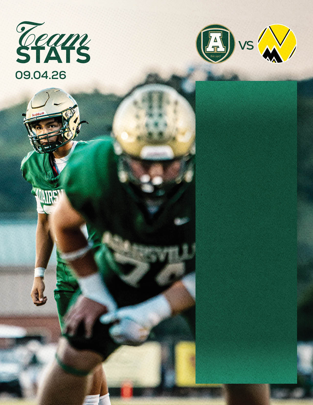 Two people in green football uniforms and gold helmets are positioned on a field with a blurred background, alongside a graphic showing team logos and the text “Team Stats 09.04.26." Description generated by AI