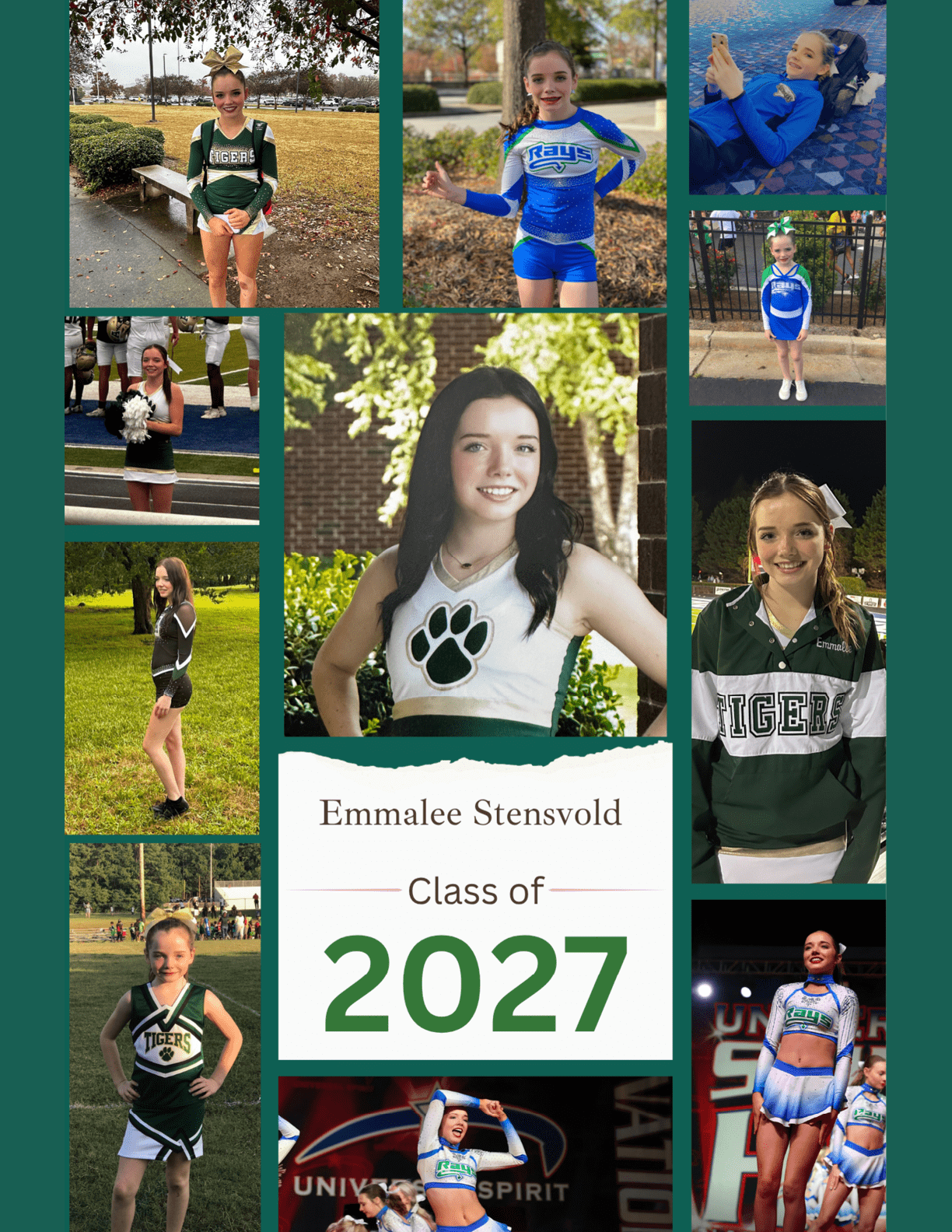 A collage of a person in various cheerleading uniforms and poses surrounding a central portrait with the text Emmalee Stensvold Class of 2027. Description generated by AI