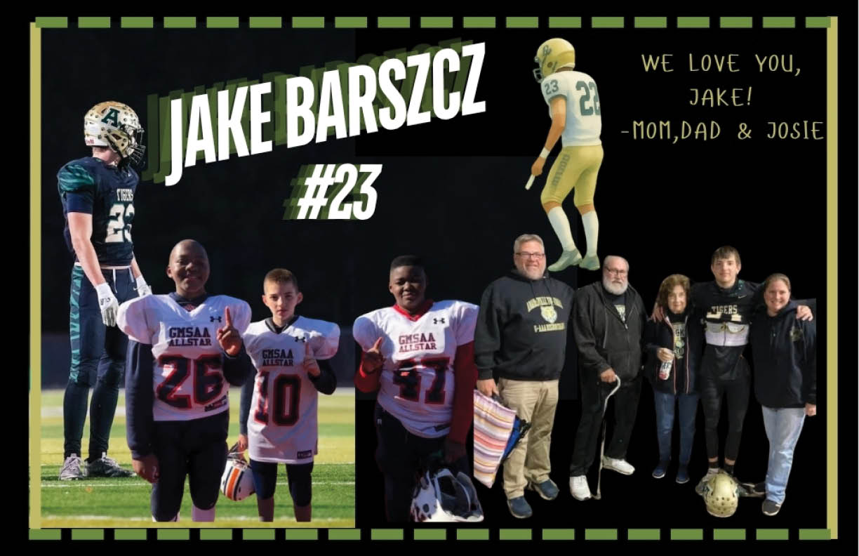 A collage features a person in a football uniform with the number 23, three children in football jerseys numbered 26, 10, and 71, and a group of six people standing together with a message saying “We love you, Jake! - Mom, Dad & Josie." Description generated by AI