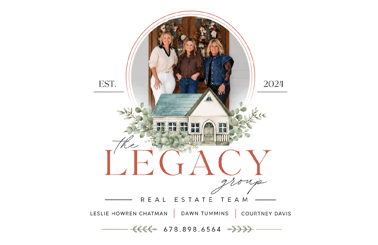 Three adults standing behind an illustrated house with greenery, framed by circular lines and text reading “EST. 2024 the LEGACY group." Description generated by AI