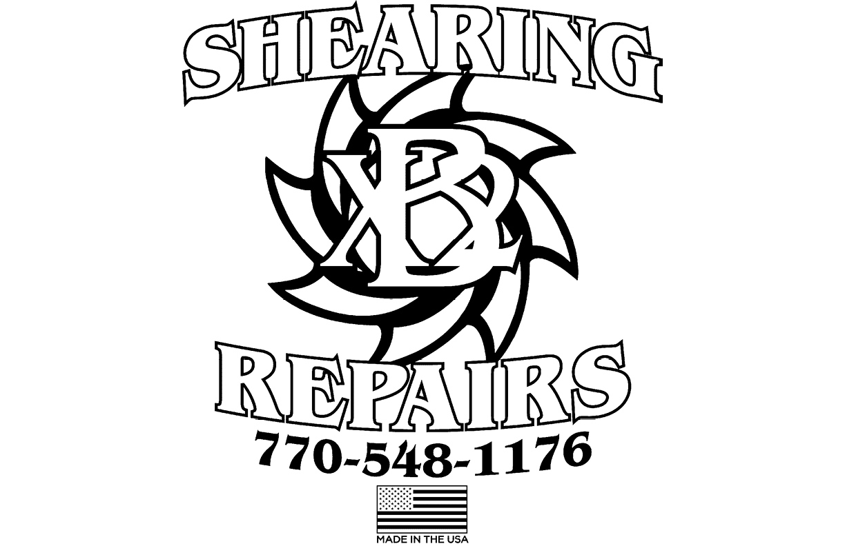 The word “SHEARING" is displayed in large, bold letters above a stylized circular saw blade with the intertwined letters "XB" in the center. Description generated by AI