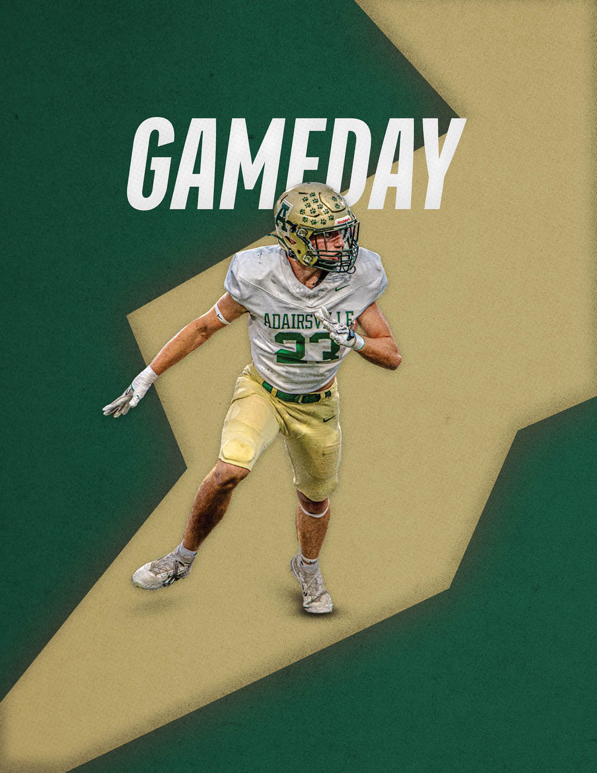 A person wearing a football uniform with a helmet and gloves is running on a green and gold background with the word GAMEDAY above. Description generated by AI