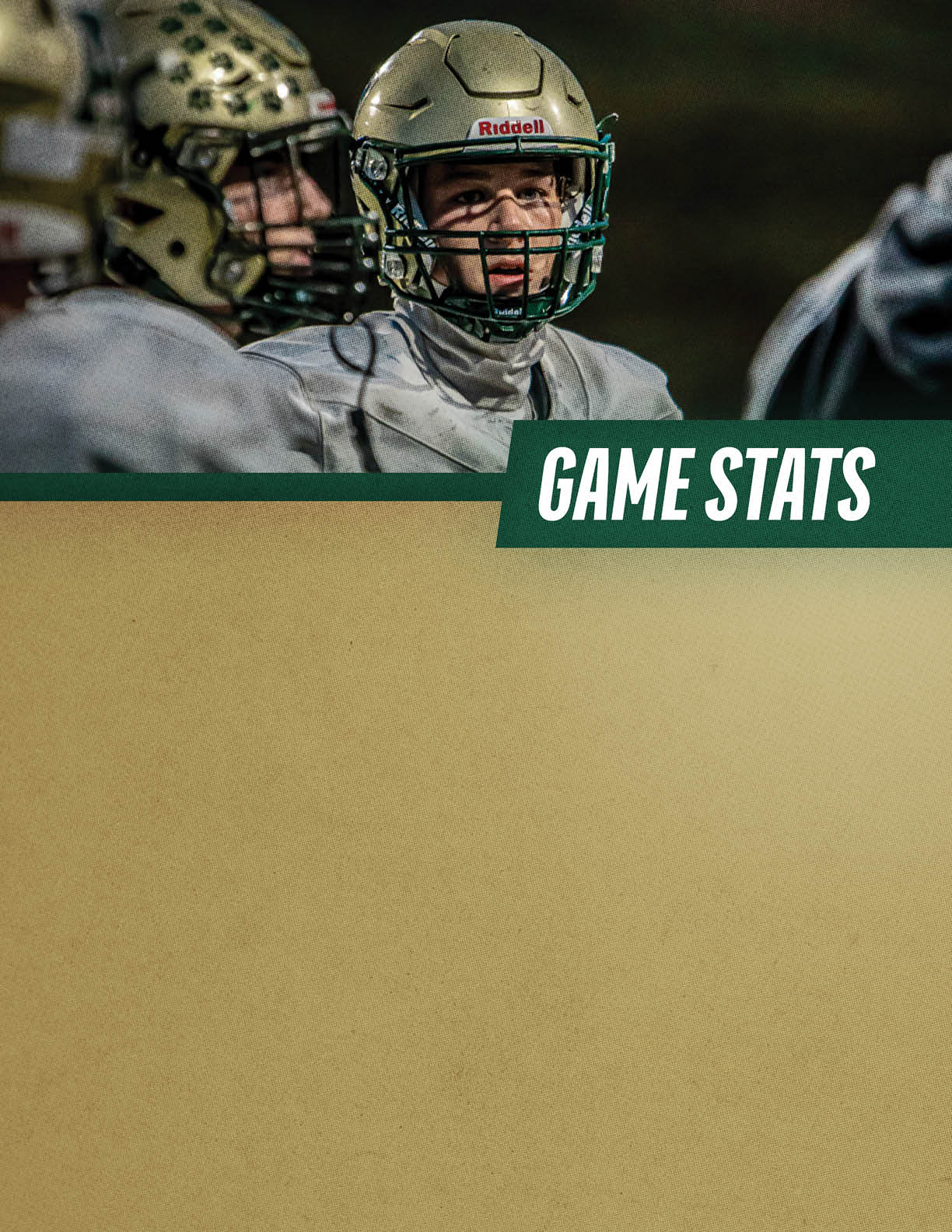 People wearing football helmets and uniforms are engaged in a game with a graphic overlay reading “GAME STATS." Description generated by AI