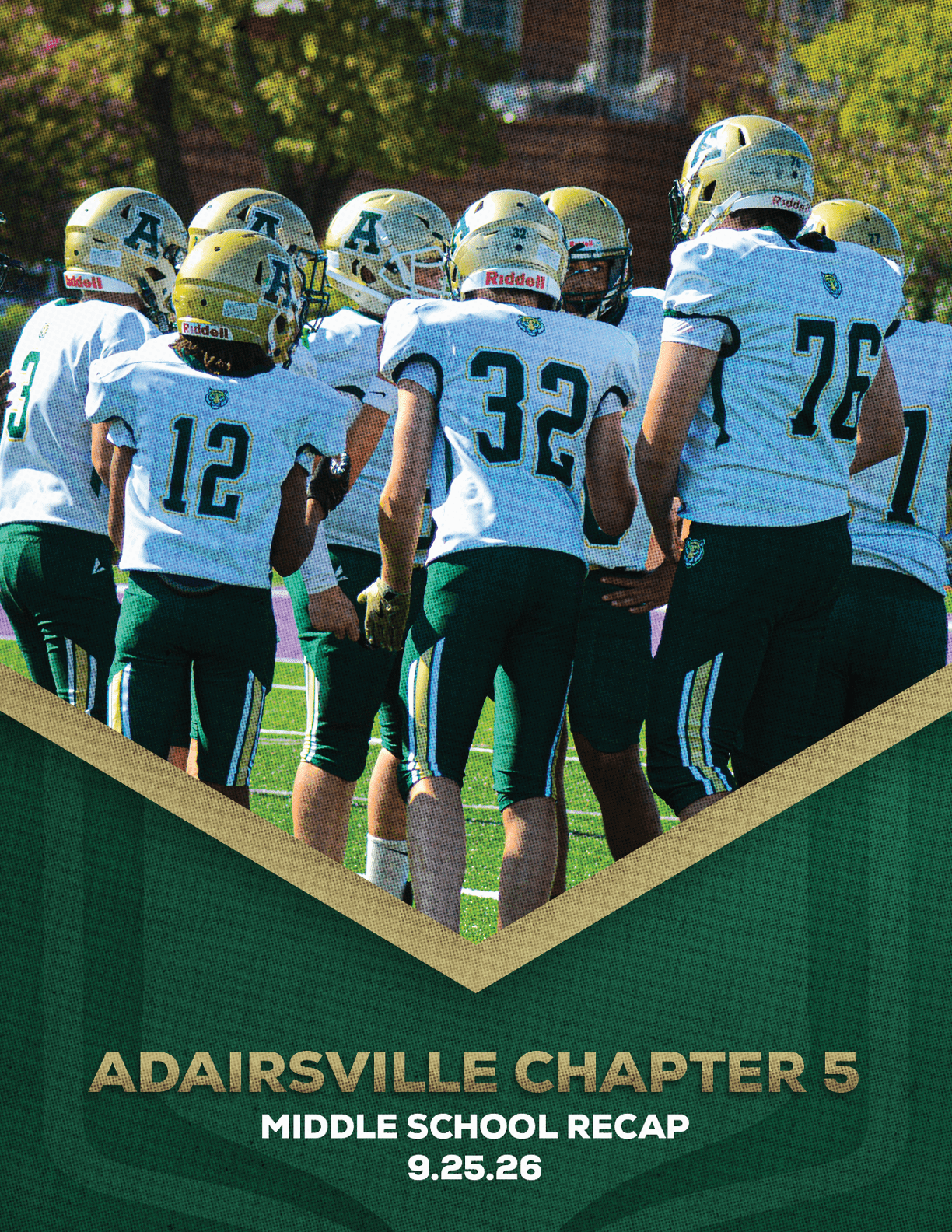 A group of children in football uniforms and helmets are huddled together on a field with text below reading Adairsville Chapter 5 Middle School Recap 9.25.26. Description generated by AI