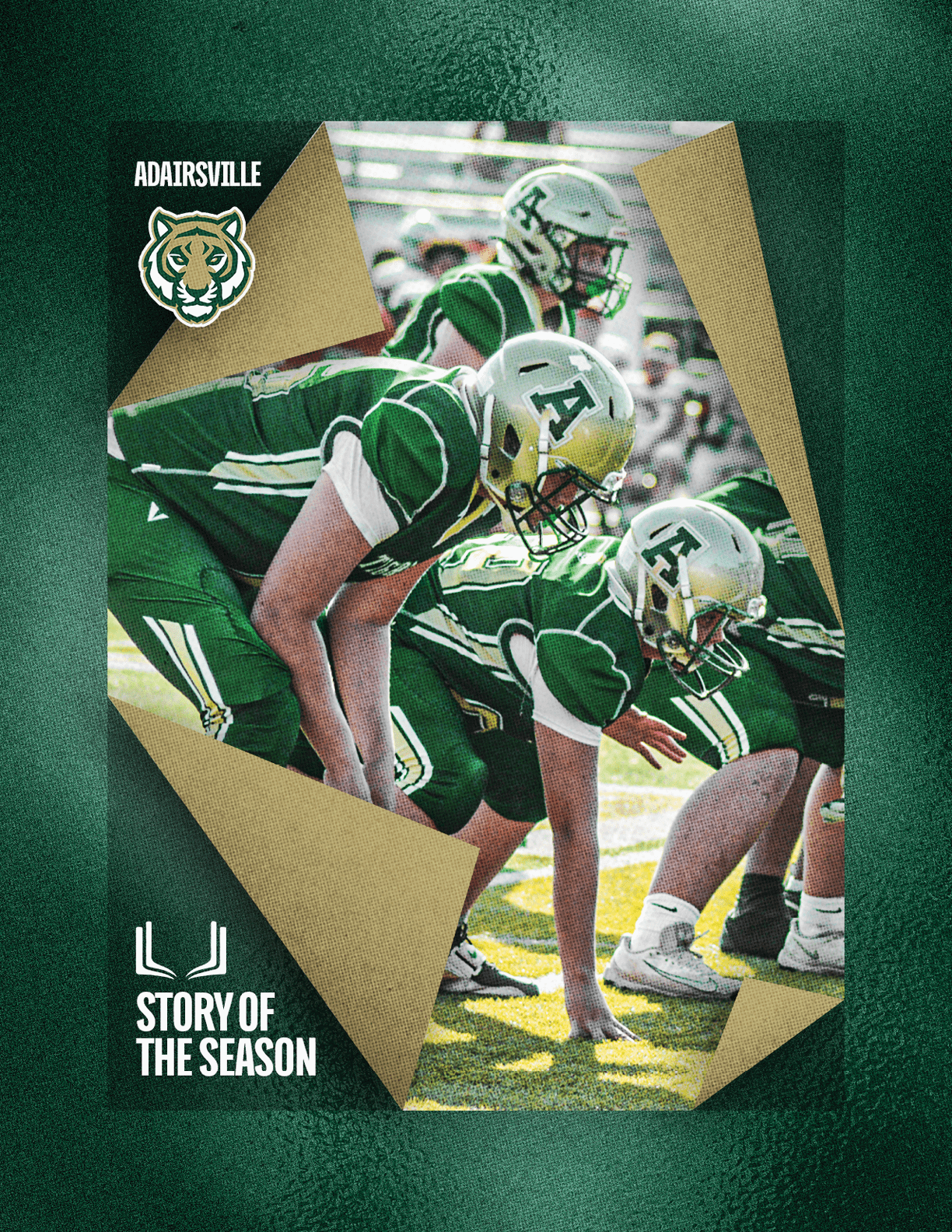 Three people in green and white football uniforms and helmets are lined up on a field in a ready stance, with the text “Adairsville" and "Story of the Season" alongside a tiger logo. Description generated by AI