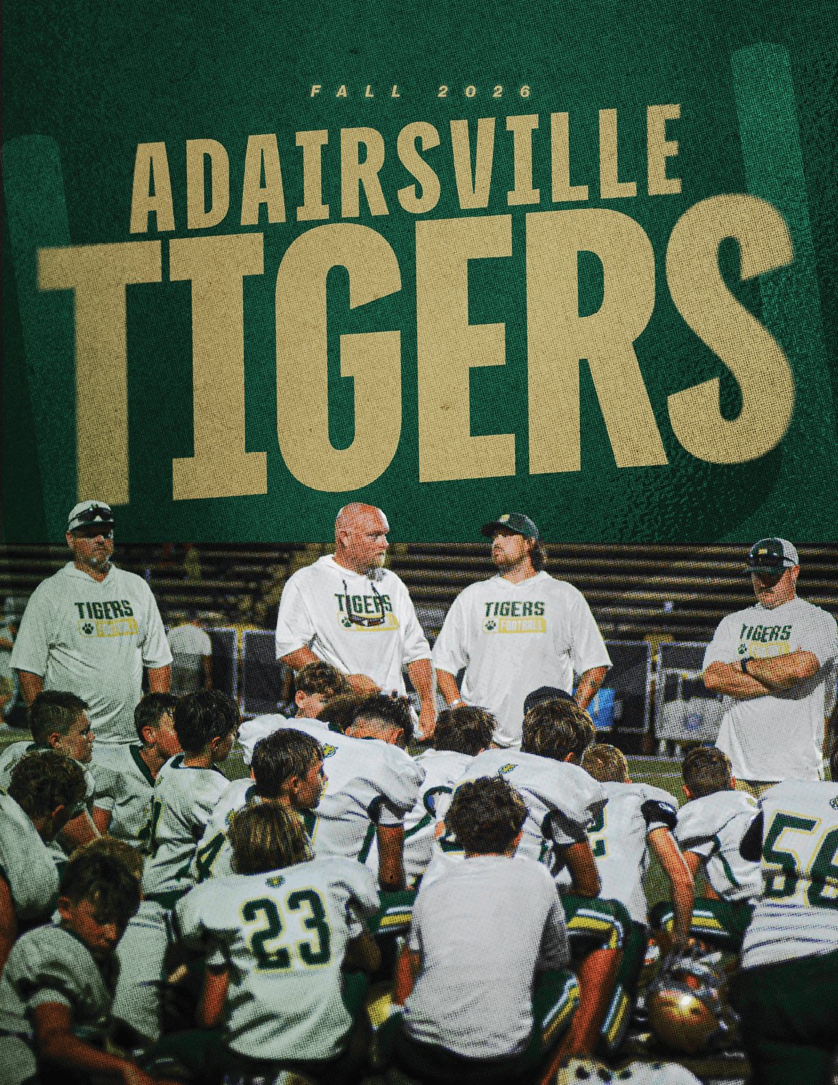A group of children in football uniforms sit on the ground facing four adults in white shirts with “Tigers" printed on them under large text that reads "Fall 2026 Adairsville Tigers." Description generated by AI