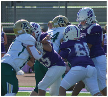 Two groups of people in football uniforms are engaged in a play on a green field with cheerleaders and a brick wall in the background. Description generated by AI