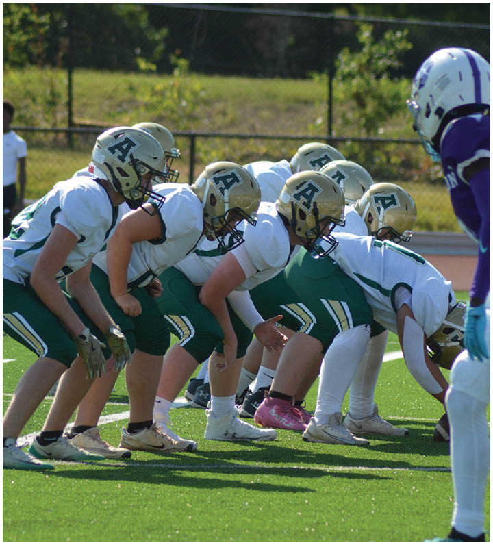 A group of people wearing football helmets and uniforms are crouched in a line on a grassy field, preparing for a play. Description generated by AI