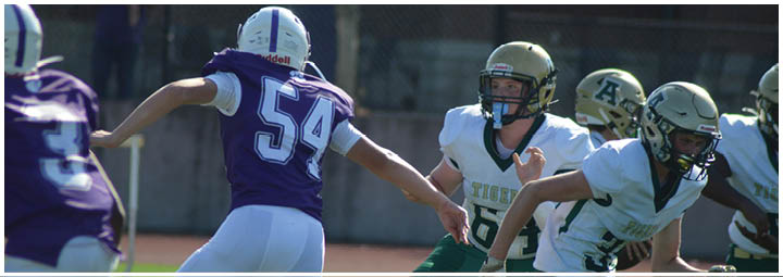 Three people wearing football helmets and uniforms are actively engaged in a play on a football field. Description generated by AI
