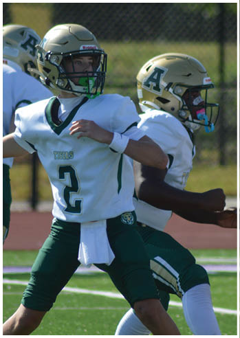 Two people wearing football uniforms and helmets are on a field, with one preparing to throw a football and the other running beside them. Description generated by AI