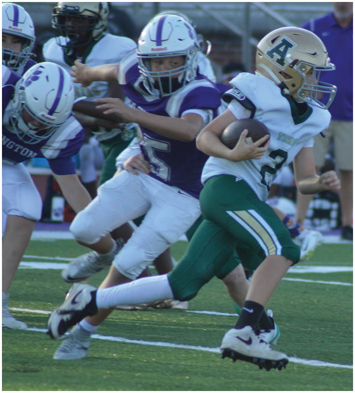 A person in a white and green football uniform is running with the ball while another person in a purple and white uniform attempts to tackle them on a football field. Description generated by AI