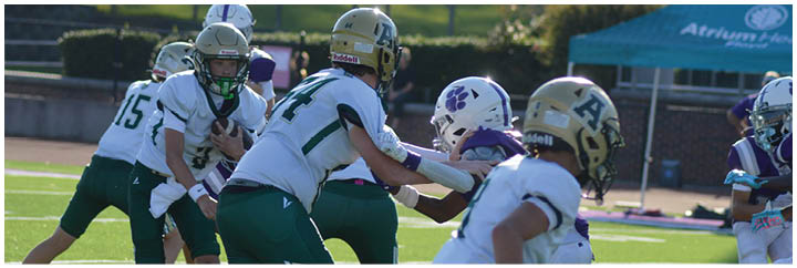 People wearing helmets and sports uniforms are actively engaged in a football game on a grassy field. Description generated by AI