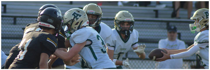 People wearing football helmets and uniforms are engaged in a play on a football field with bleachers and spectators in the background. Description generated by AI