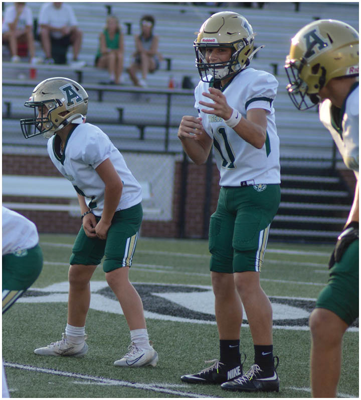 Children wearing football helmets and uniforms are positioned on a football field preparing for a play with empty bleachers in the background. Description generated by AI