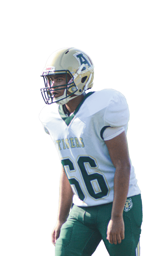 A person wearing a white football jersey with the number 66 and a gold helmet is standing and looking to the side. Description generated by AI