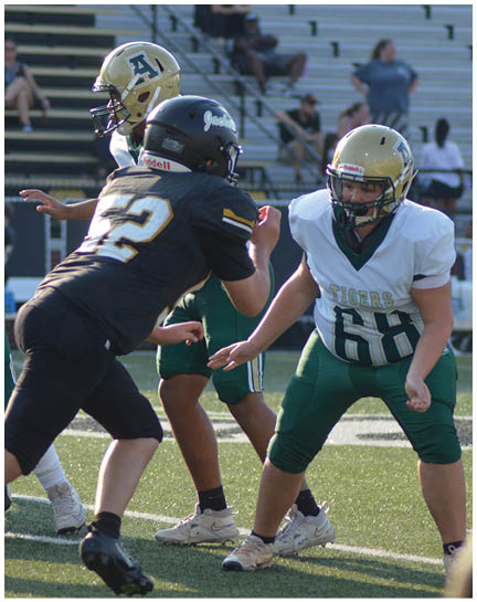 A group of people wearing football uniforms are positioned on a field with bleachers and spectators in the background. Description generated by AI