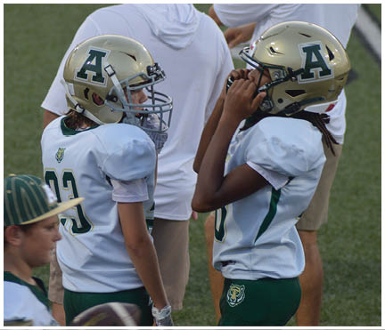 People wearing football uniforms and helmets stand on a field with others in casual clothing nearby. Description generated by AI