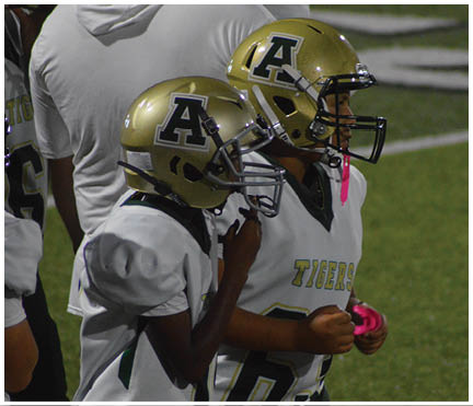 Two children wearing football helmets and white jerseys with the word “Tigers" stand closely together on a football field. Description generated by AI