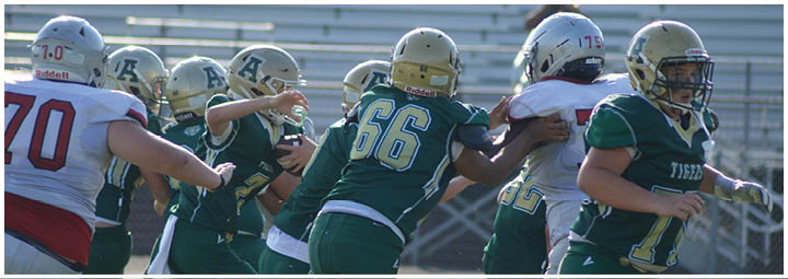 People wearing football uniforms are engaged in a play on a field with one person holding a football while others block or prepare to move. Description generated by AI