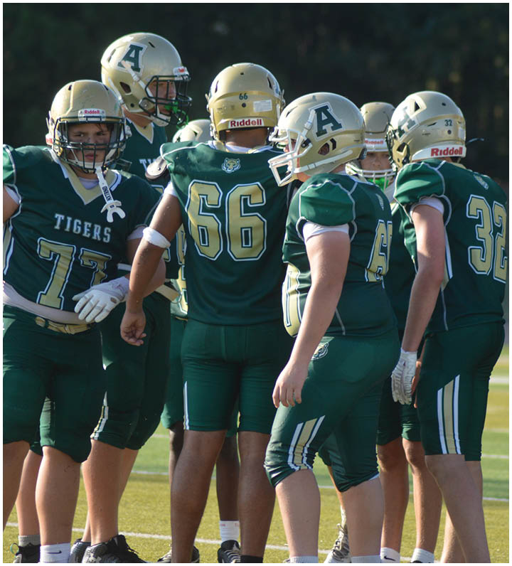 A group of people wearing green and gold football uniforms and helmets are standing together on a field. Description generated by AI