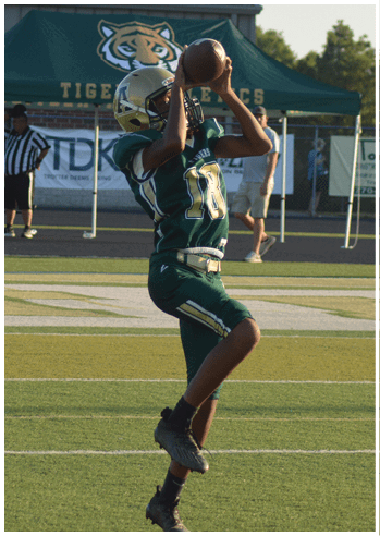 A person in a green football uniform is catching a football on a field with a tiger mascot banner and a tent in the background. Description generated by AI