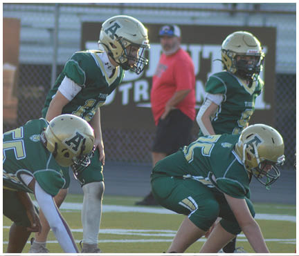 Children in football uniforms are positioned on a field ready for a play with a coach and spectators in the background. Description generated by AI