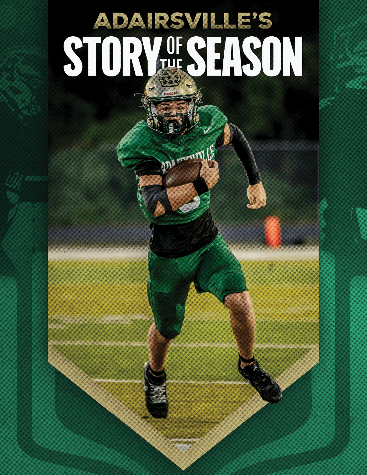 A person in a green football uniform and helmet is running on a football field holding a football with the text Adairsville's Story of the Season above. Description generated by AI