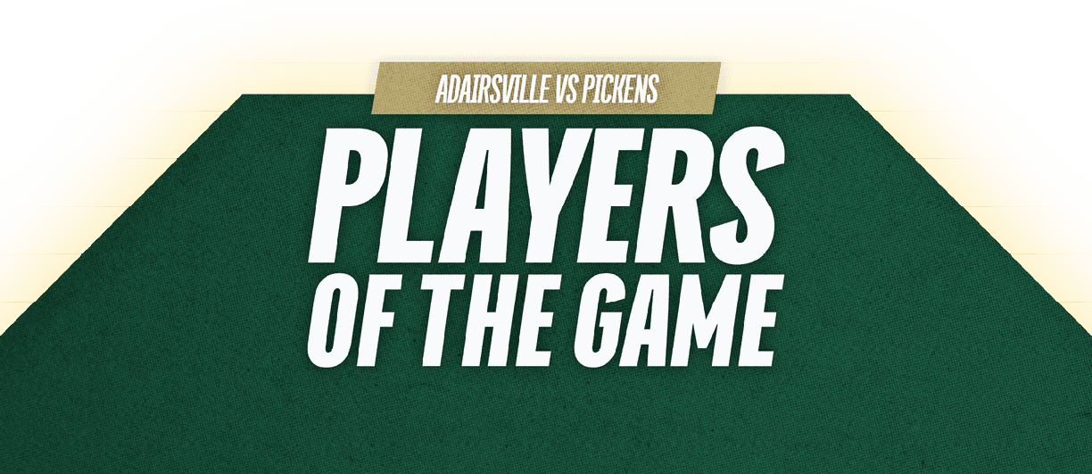 Adairsville versus Pickens players of the game text is displayed in bold white letters on a dark green background with a small beige banner above. Description generated by AI