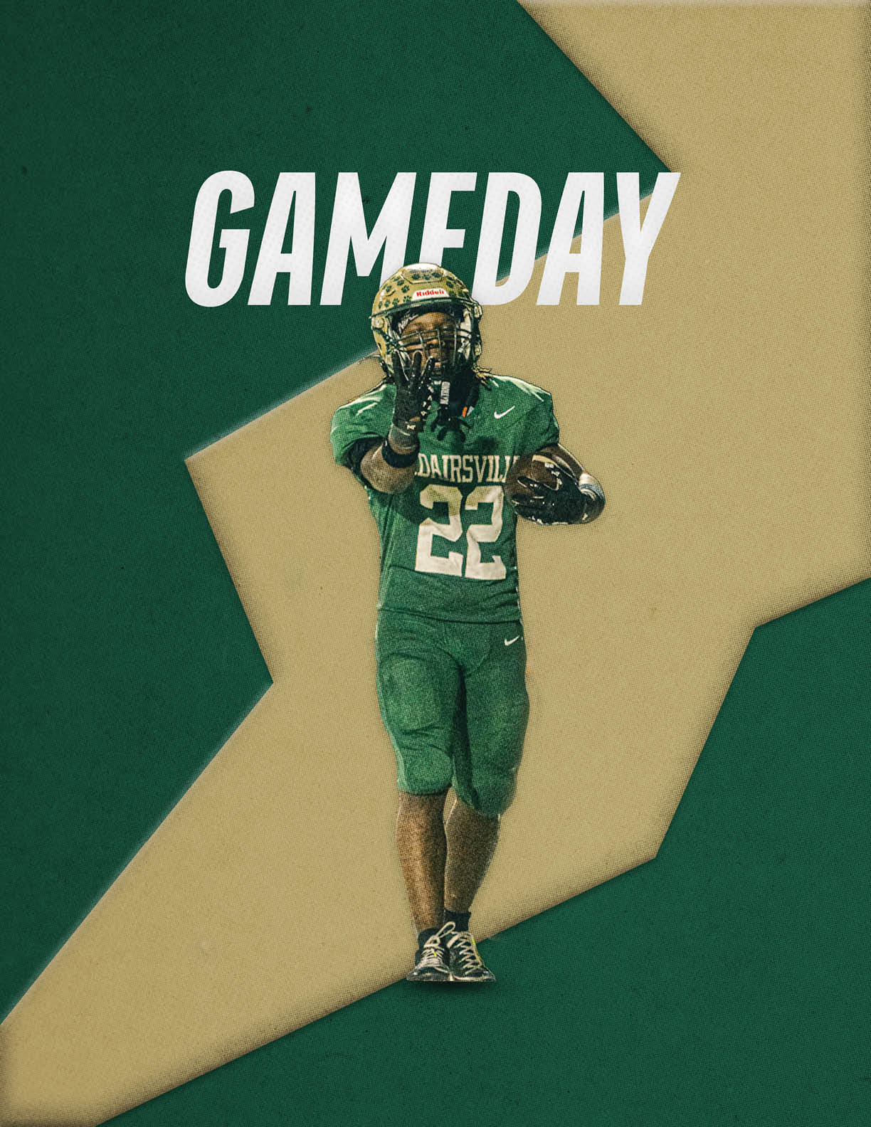 A person in a green football uniform with the number 22 is holding a football and pointing forward with the word GAMEDAY in bold white letters above them on a green and beige background. Description generated by AI
