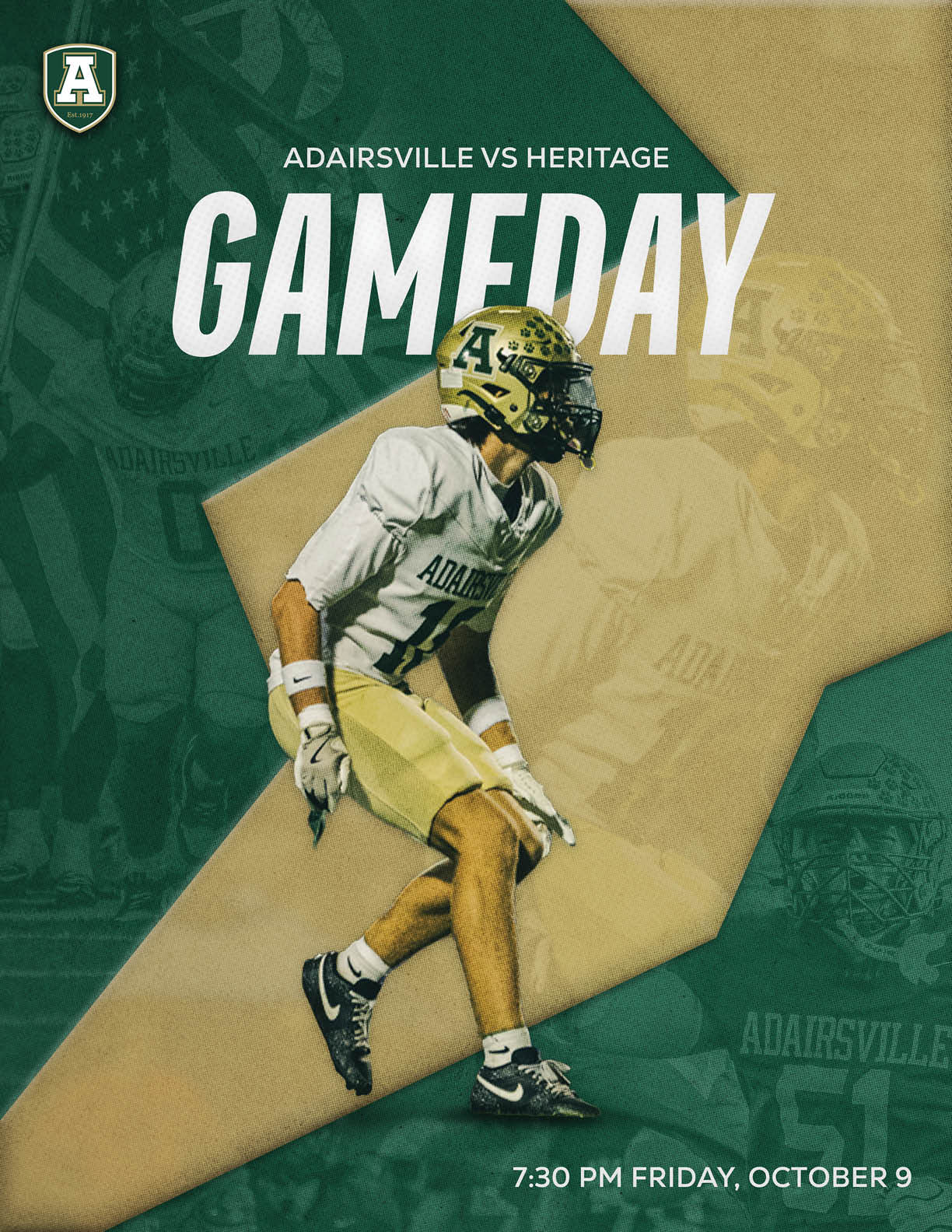 A person in football gear is crouched in an athletic stance with text announcing a football game between Adairsville and Heritage on Friday evening. Description generated by AI